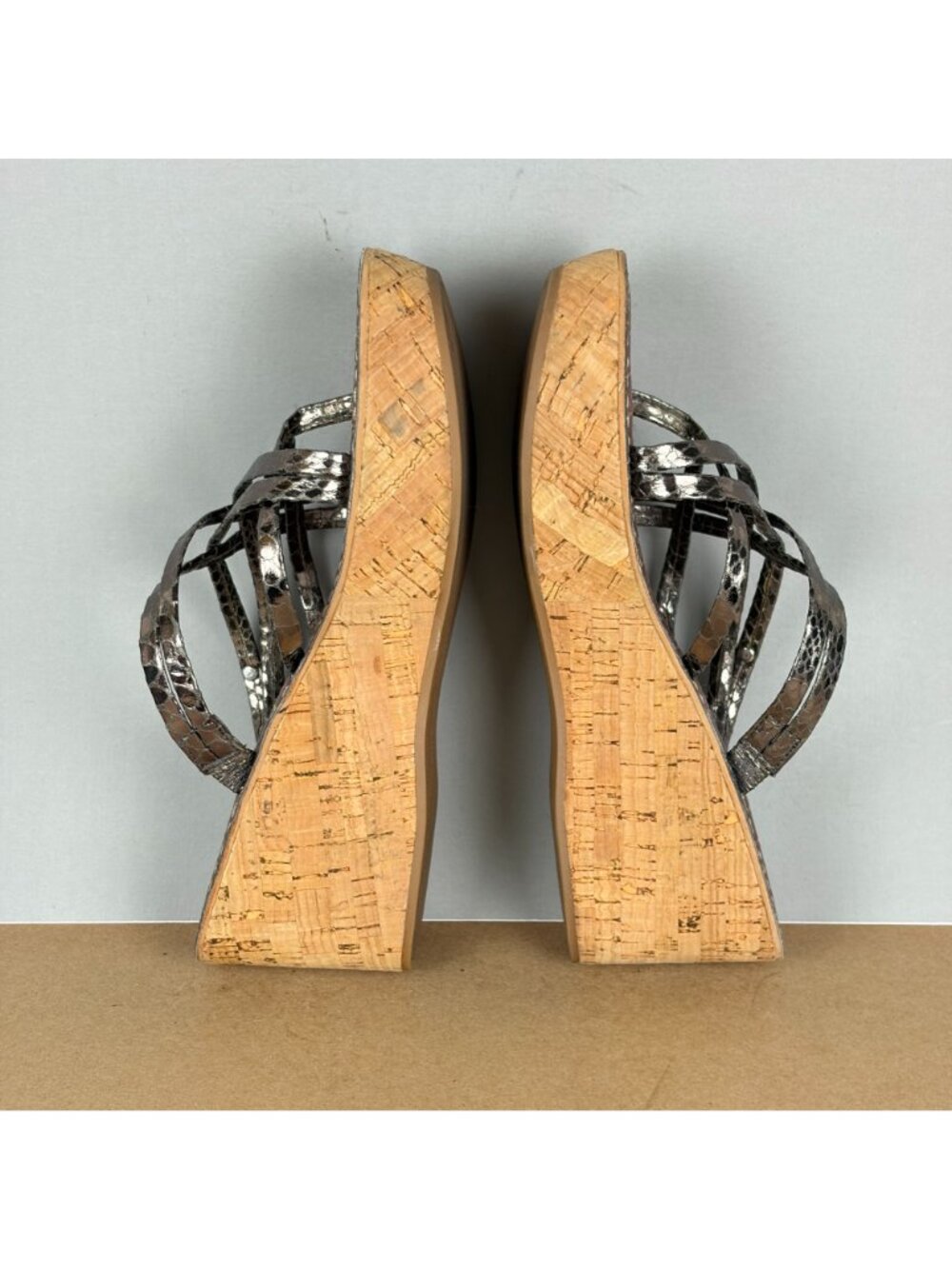 Sam Edelman Randy Cork Wedge Sandals Womens 8.5 Pewter Tan Slip In Toe Loop - Picture 6 of 9